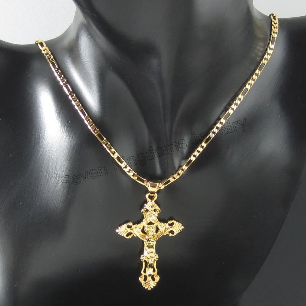 Foromance- YELLOW GOLD PLATED 18" or 24" NECKLACE&JESUS CROSS GOD Christ Redeemer christian catholic 2.17"  Pendant