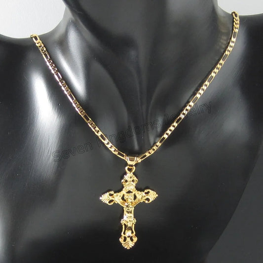 Foromance- YELLOW GOLD PLATED 18" or 24" NECKLACE&JESUS CROSS GOD Christ Redeemer christian catholic 2.17"  Pendant