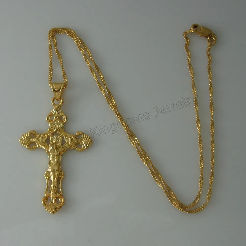 Foromance- YELLOW GOLD PLATED 18" or 24" NECKLACE&JESUS CROSS GOD Christ Redeemer christian catholic 2.17"  Pendant