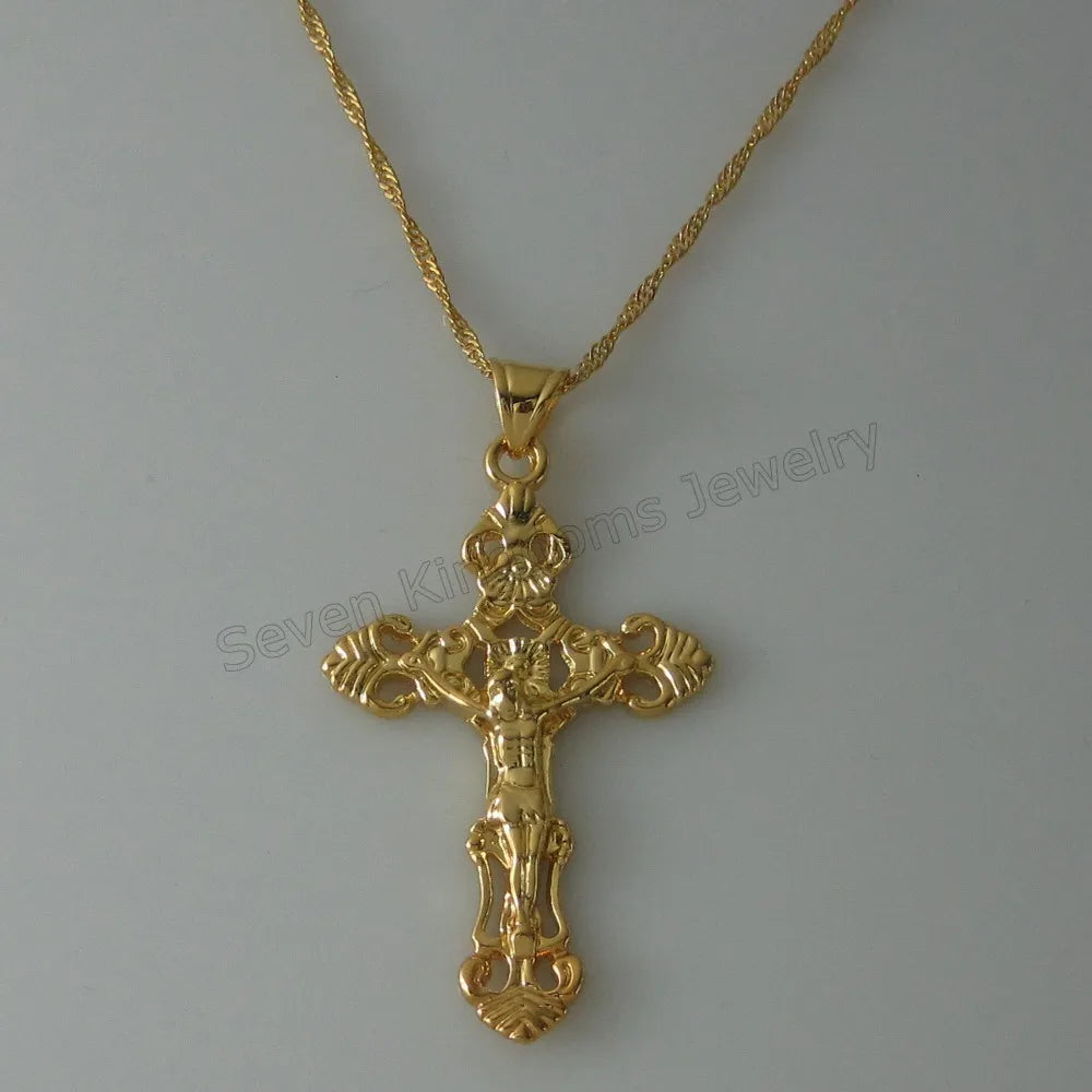 Foromance- YELLOW GOLD PLATED 18" or 24" NECKLACE&JESUS CROSS GOD Christ Redeemer christian catholic 2.17"  Pendant