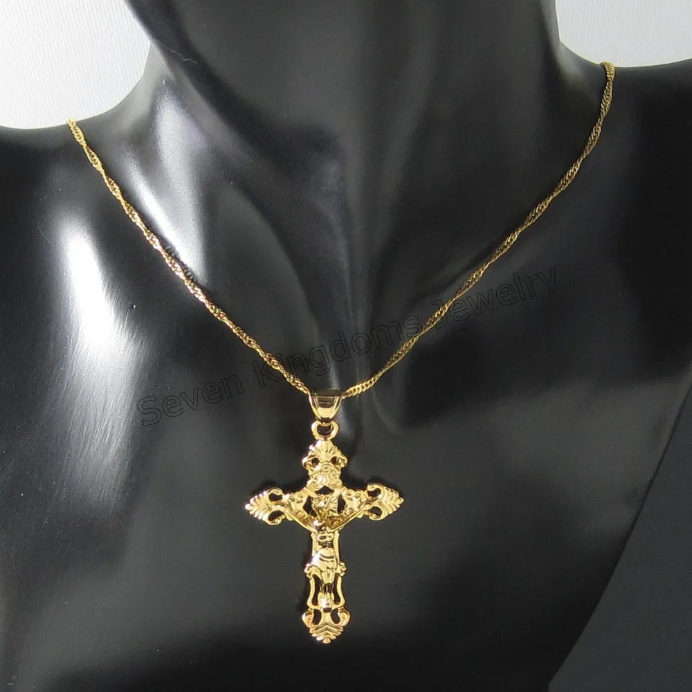 Foromance- YELLOW GOLD PLATED 18" or 24" NECKLACE&JESUS CROSS GOD Christ Redeemer christian catholic 2.17"  Pendant