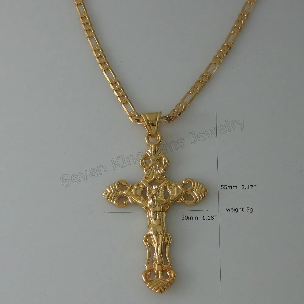 Foromance- YELLOW GOLD PLATED 18" or 24" NECKLACE&JESUS CROSS GOD Christ Redeemer christian catholic 2.17"  Pendant