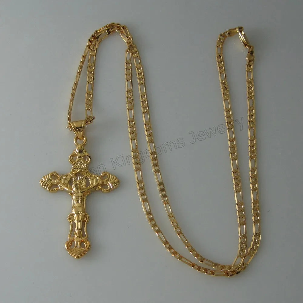 Foromance- YELLOW GOLD PLATED 18" or 24" NECKLACE&JESUS CROSS GOD Christ Redeemer christian catholic 2.17"  Pendant