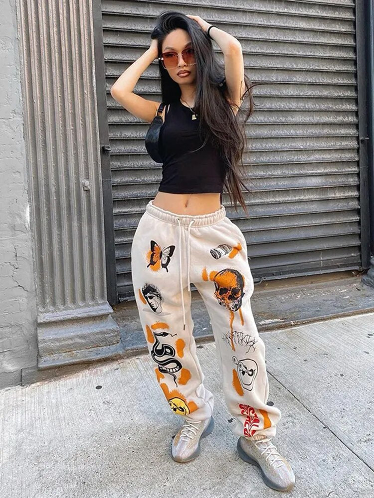 InstaHot Women Sweat Pant Harajuku Cartoon Printed Trousers Jogger Drawstring Cargo Pant Streetwear Casual Sweatpant Autumn